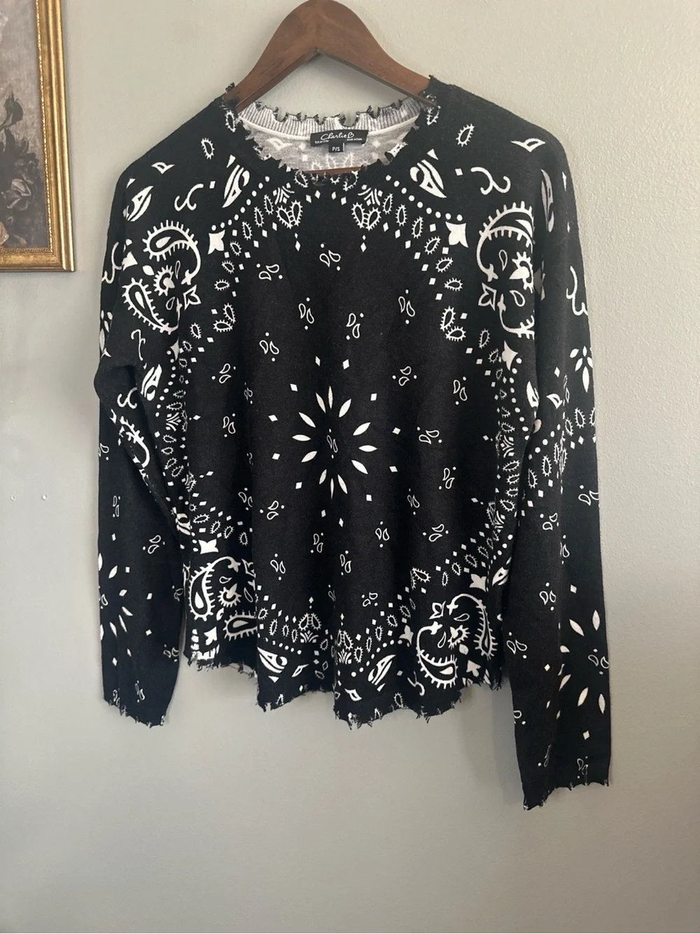 Charlie B Bandana Print Distressed Knit Sweater Black White Frayed Trim S